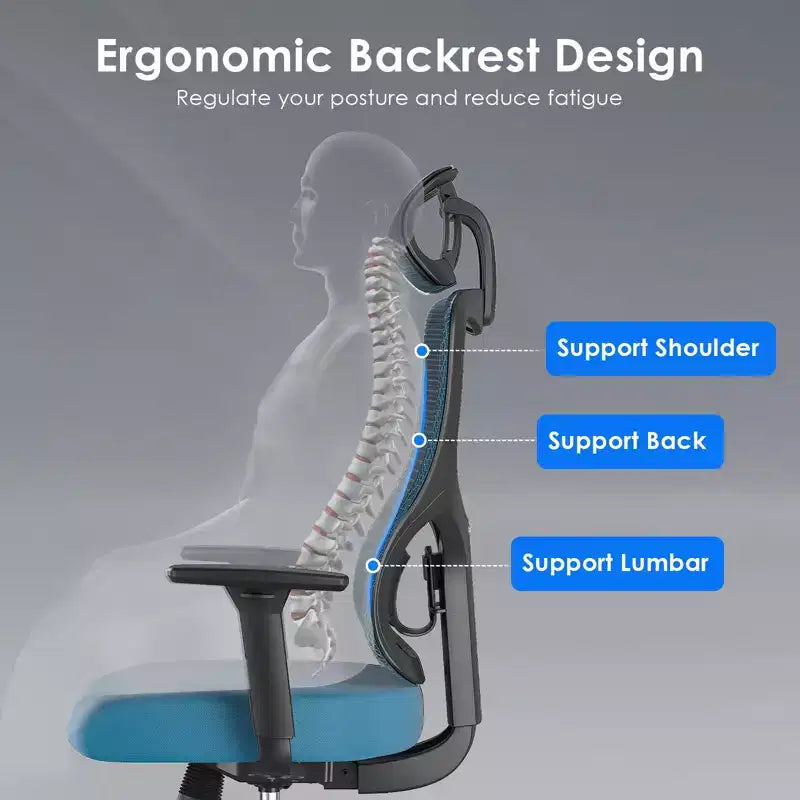 Ergonomiczny fotel biurowy z siatki i zagłówkiem, regulowanym podparciem lędźwiowym i podłokietnikami, fotel gamingowy z wysokim oparciem do biura i domu