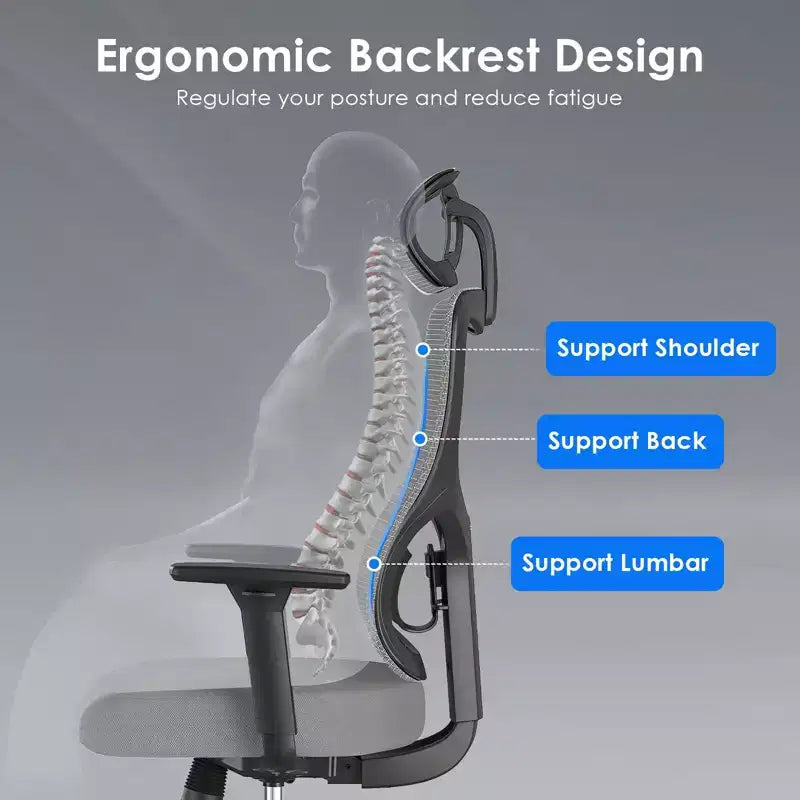 Ergonomiczny fotel biurowy z siatki i zagłówkiem, regulowanym podparciem lędźwiowym i podłokietnikami, fotel gamingowy z wysokim oparciem do biura i domu