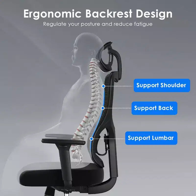 Ergonomiczny fotel biurowy z siatki i zagłówkiem, regulowanym podparciem lędźwiowym i podłokietnikami, fotel gamingowy z wysokim oparciem do biura i domu
