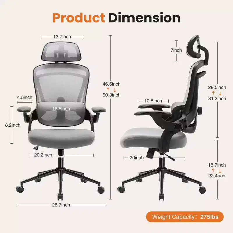 Ergonomiczny fotel biurowy z regulowanym podparciem lędźwiowym, fotel gamingowy z siatkowym zagłówkiem, fotel komputerowy do domu i biura
