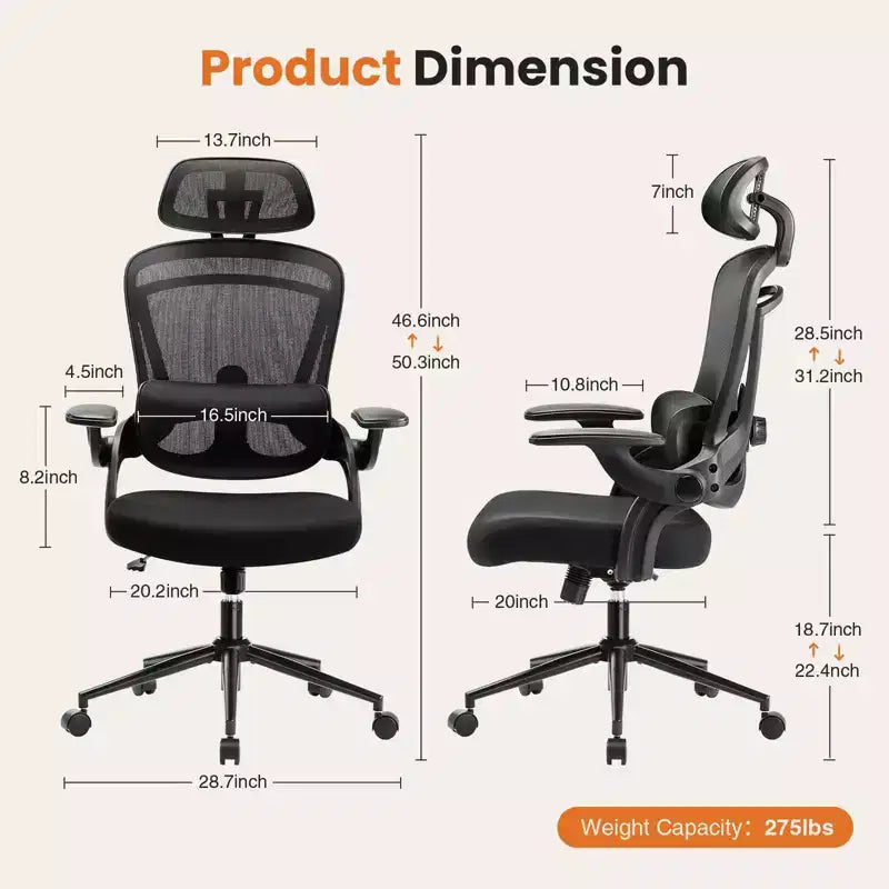 Ergonomiczny fotel biurowy z regulowanym podparciem lędźwiowym, fotel gamingowy z siatkowym zagłówkiem, fotel komputerowy do domu i biura