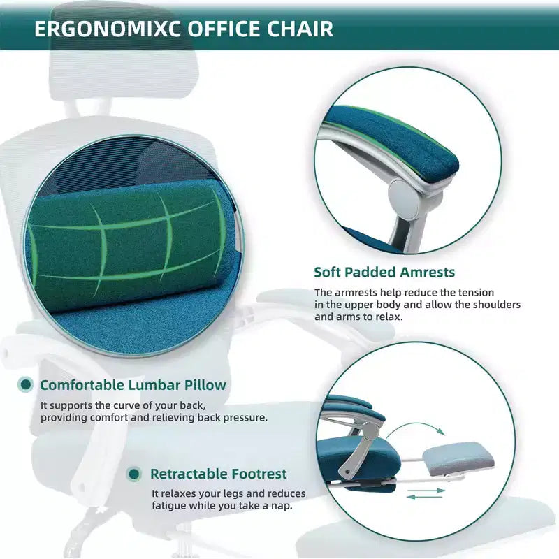 Ergonomiczny fotel biurowy z wysuwanym podnóżkiem, fotel gamingowy