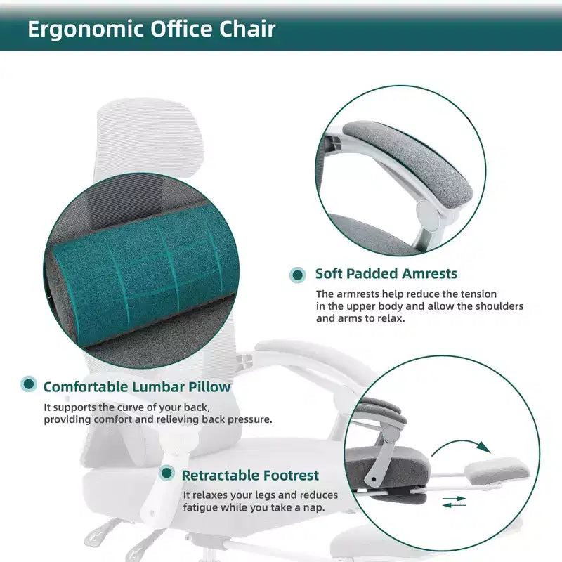 Ergonomiczny fotel biurowy z wysuwanym podnóżkiem, fotel gamingowy