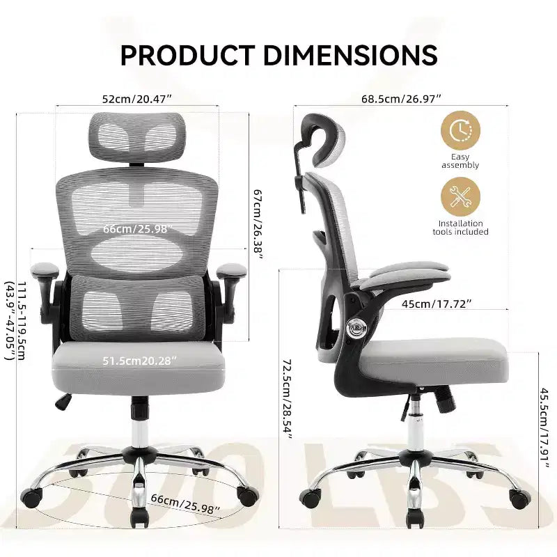 Ergonomiczne krzesło do biurka - domowy fotel biurowy z siatki na kółkach, komputerowy fotel gamingowy z wysokim oparciem i regulowanym zagłówkiem do domu i biura, szary