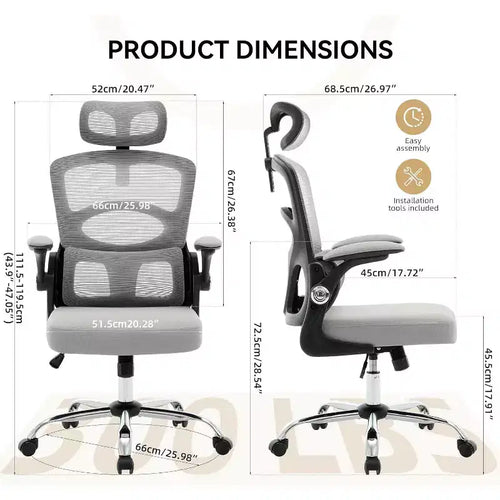 Ergonomic Desk Chair - Home Mesh Office Desk Chair with Wheels, High-Back Computer Gaming Chair with Adjustable Headrest for Home, Office, Gray