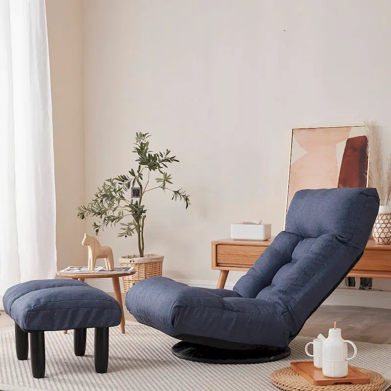 Navy Armless Swivel Recliner with Ottoman, Adjustable Headrest, Backrest