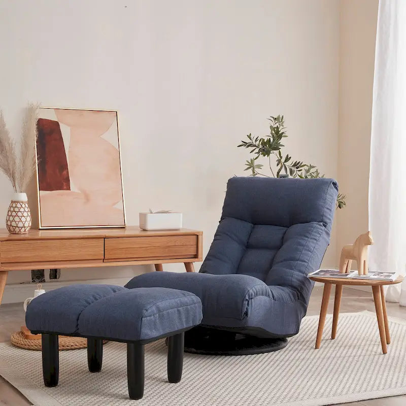 Navy Armless Swivel Recliner with Ottoman, Adjustable Headrest, Backrest