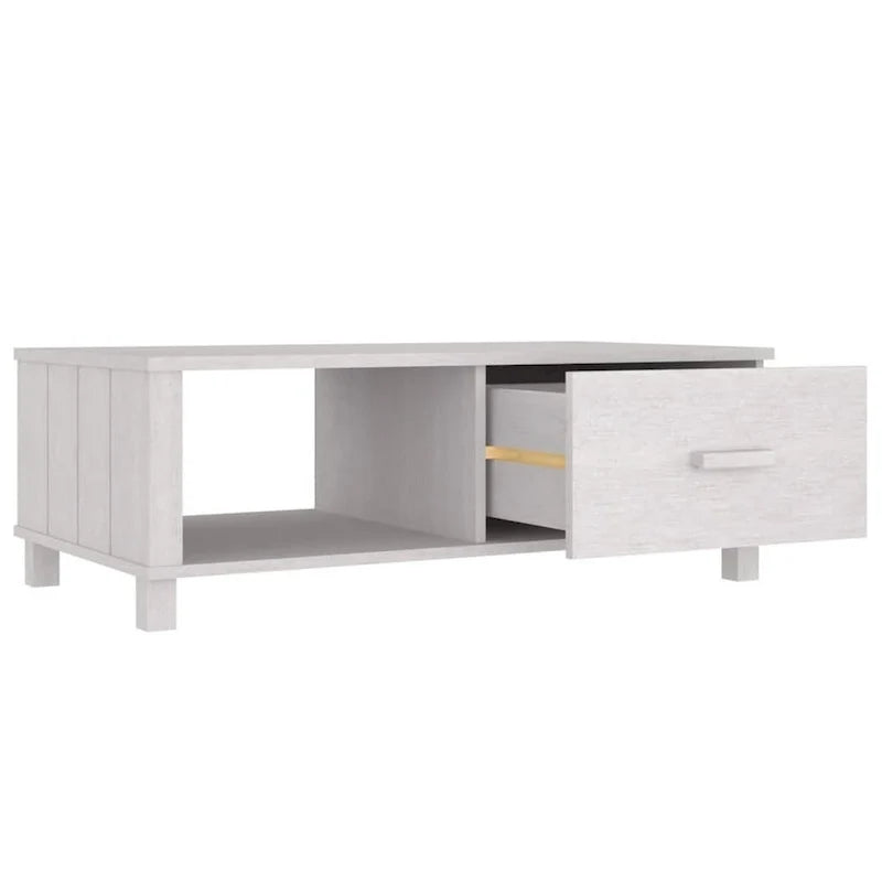 Coffee Table, Rectangular, Storage Drawer, White Solid Pine Wood