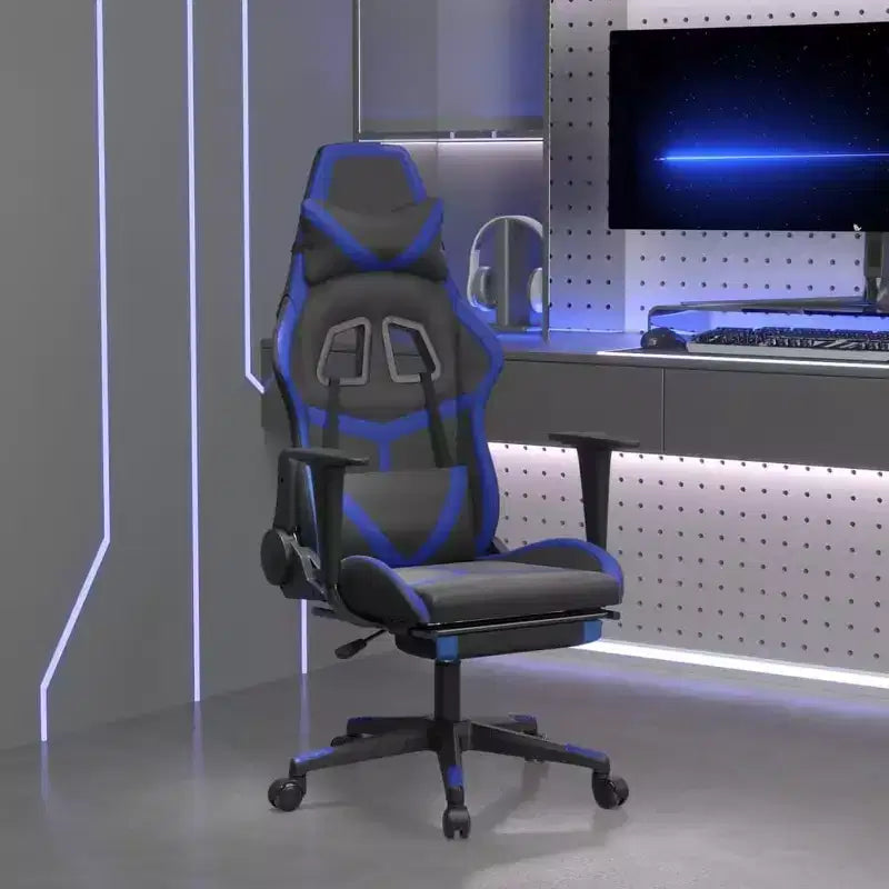 Fotel gamingowy z podnóżkiem, czarno-niebieski, ze sztucznej skóry