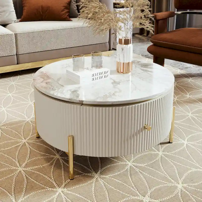 Modern Round Coffee Table with 2 large Drawers Storage