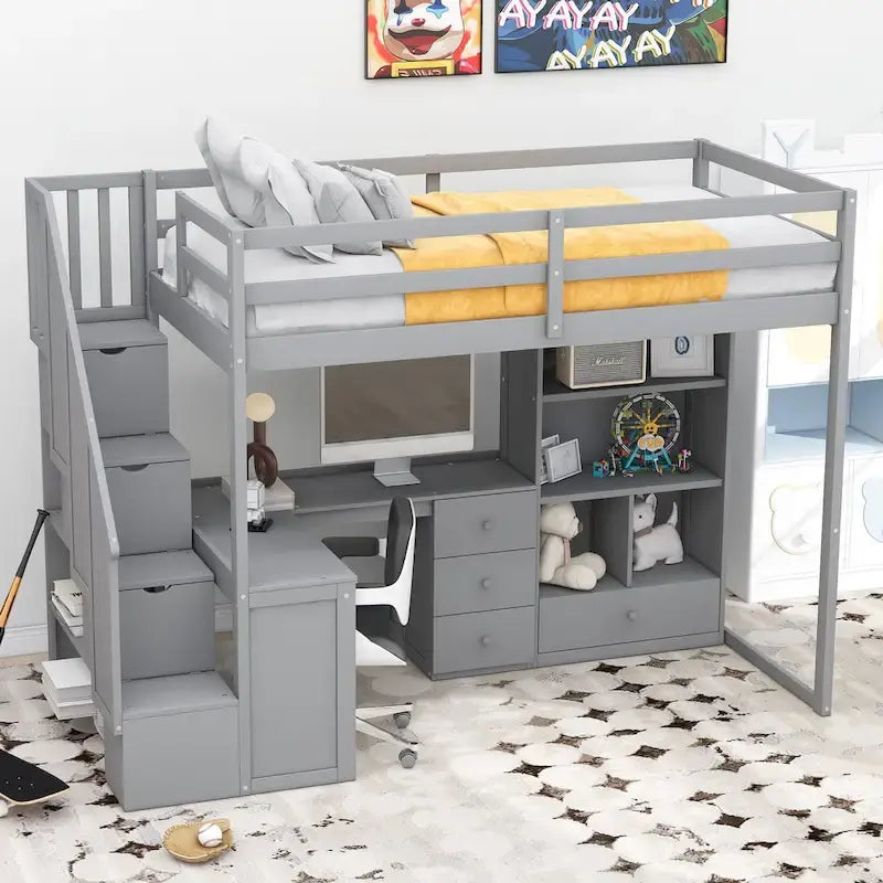 Twin Size Loft Bed Gray