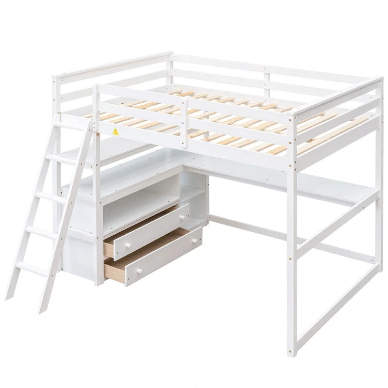 Full Size Loft Bed with Desk and Shelves,Two Built-in Drawers,Gray