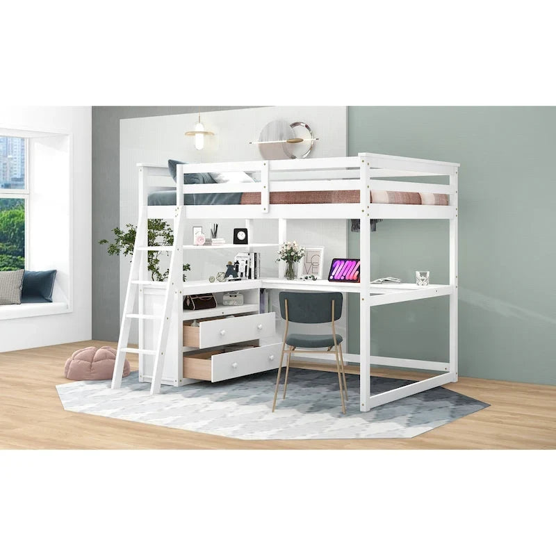 Full Size Loft Bed with Desk and Shelves,Two Built-in Drawers,Gray